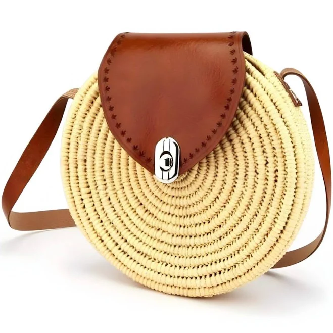 bag Straw Crossbody Bag with Leather Flap Marrakeche Crafts $73