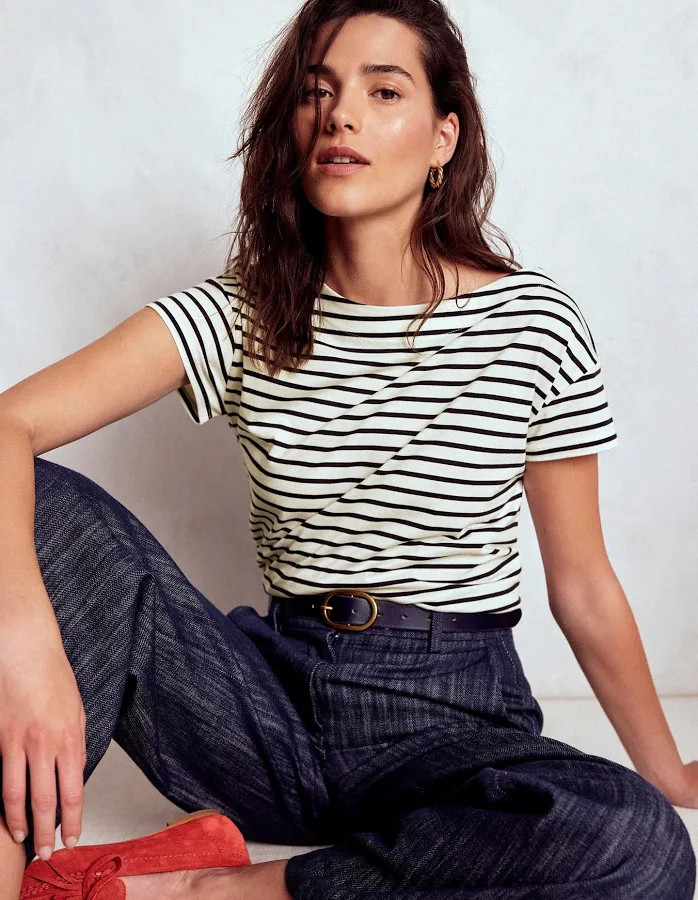 top Supersoft Boat Neck T-Shirt-Ivory, Navy Stripe Boden $45