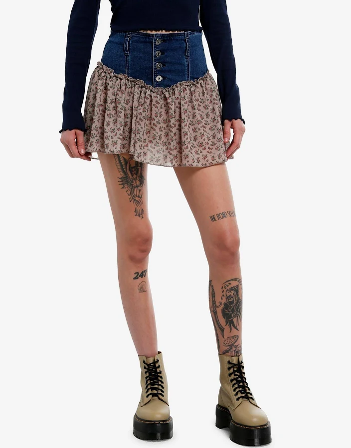 mini skirt Thorn & Fable Floral Denim Button-Down Skirt Hot Topic $12.8