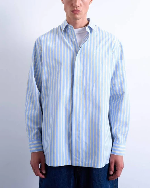 top Topman oversized fit long sleeve striped shirt in light blue & yellow ASOS $29.99
