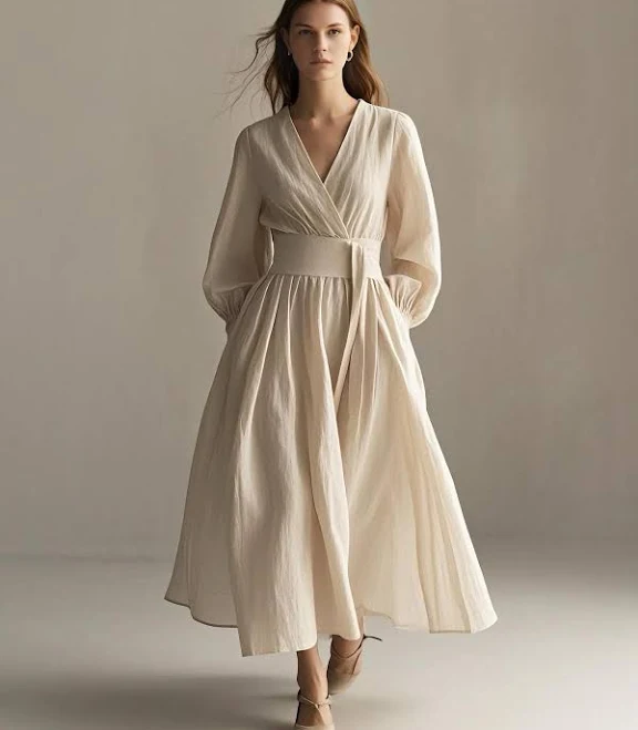 dress V-Neck Long Sleeve Linen Wrap Maxi Dress with Belt Etsy - Seller $62.9