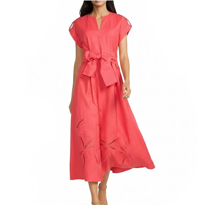 linen outfit Vince Camuto Women's Ladder Stitch Embroidered Cotton Poplin Midi Dress Dillard's $178