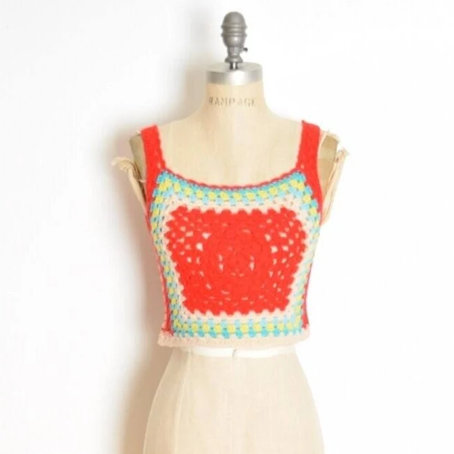 crop top Vintage 70s Hippie Granny Square Crochet Tank Top Etsy - Seller $62