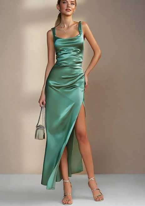 dress Wedtrend Women's Square Neck Satin Midi Bridesmaid Dress with Slit Wedtrend $89