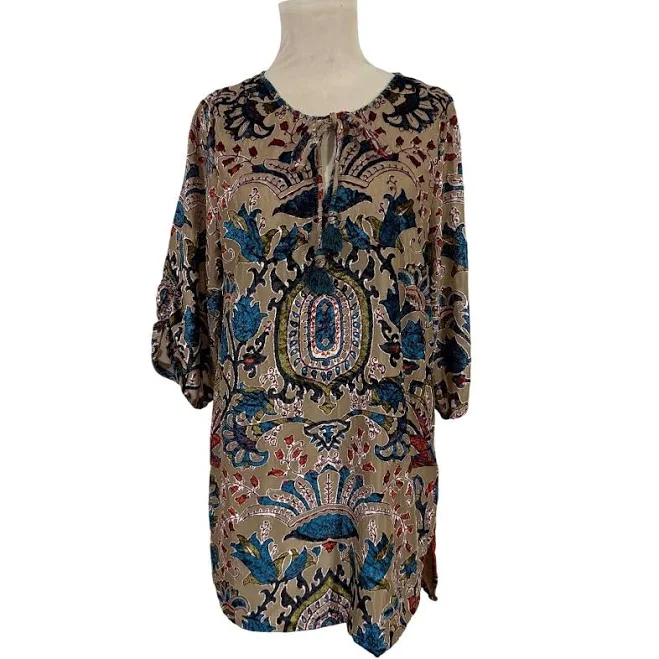 top Whispers Women's M Tunic Boho Top Beige Velvet Paisley Print 3/4 eBay $18