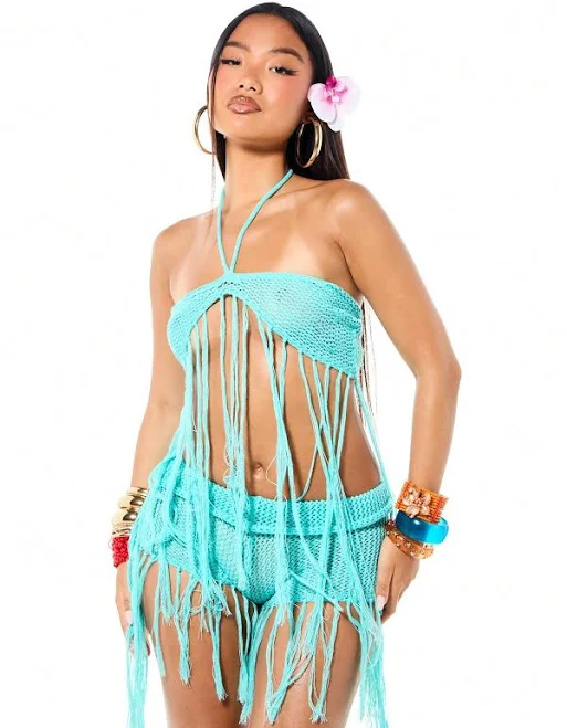 crop top Women's Boho Crochet Halter Bandeau Top with Tassel Fringe Shein $9.01