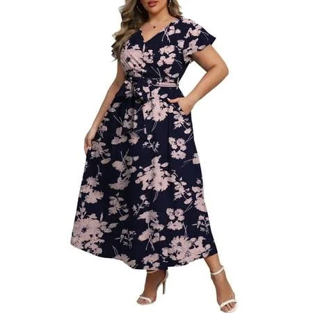 dress Women's Boho Floral Butterfly Sleeve V-Neck Flowy Maxi Dress Walmart - a.Jesdani $24.99