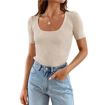 top Women's Casual Square Neck Ribbed T-Shirt Target $29.99