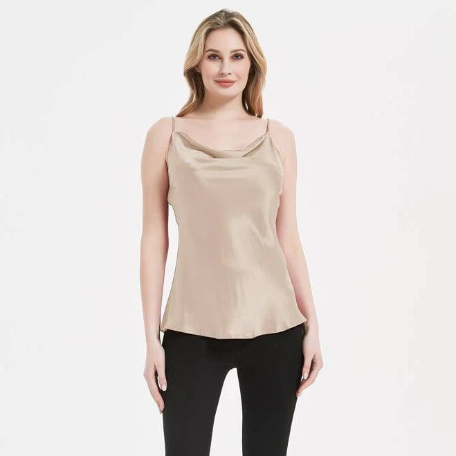 top Womens Cowl Neck Silk Cami Top Silk Camisole Sleeveless Silk Blouses, Champagne / XS avasilk $133.89