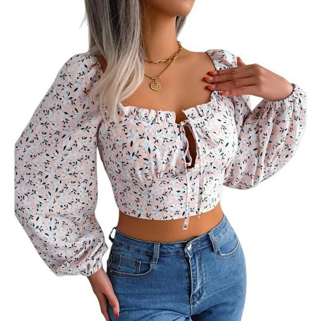 top Women's Ditsy Floral Off The Shoulder Crop Top Lantern Sleeve Tie Front Blouse Tops, Size: Small, White Kohl's $24.69
