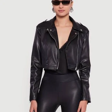 outerwear Womens Faux Leather Cropped Zip Front Moto Jacket, Black, Size S - Rainbow Shops Rainbow Shops $30.99