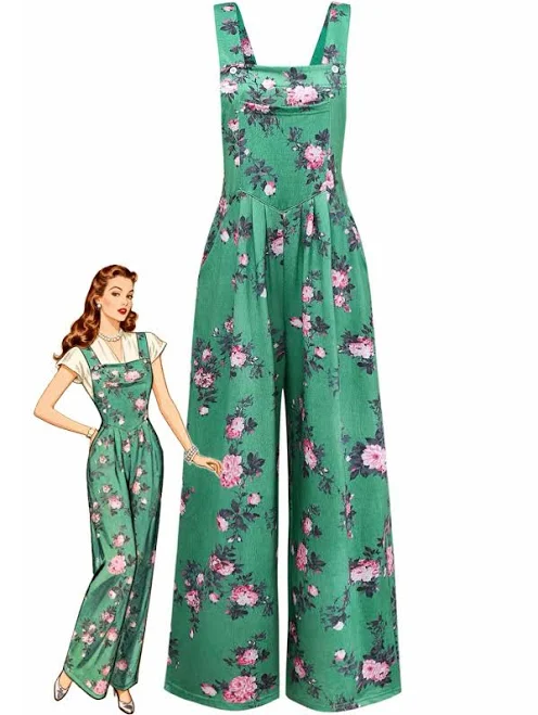 jumpsuit Women's Floral Print Wide-LegJumpsuit Green Retro Stage $42.99