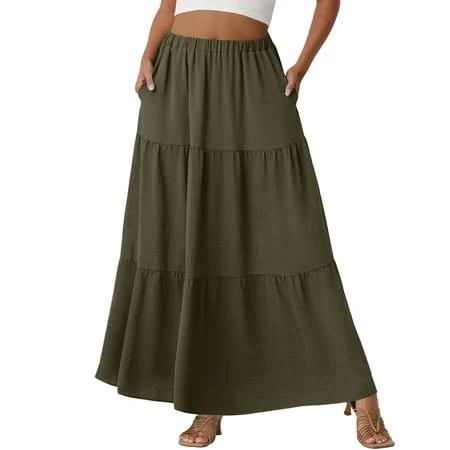 skirt Women's Flowy A-Line Ruffle Maxi Skirt with Pockets Walmart - mohiass $8.88
