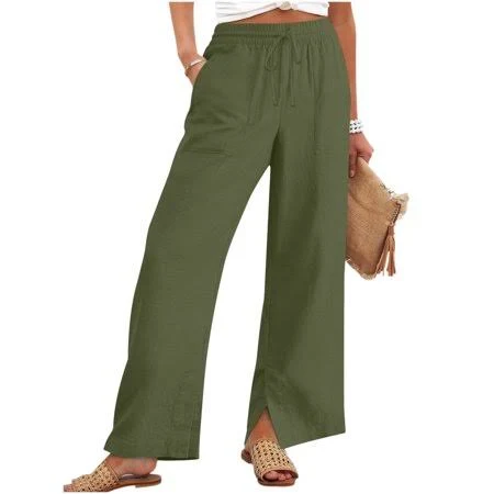 pants Women's High-Waisted Linen Wide Leg Pants with Pocketed Side Slit Walmart - Ruimatai Life Shop $21.99