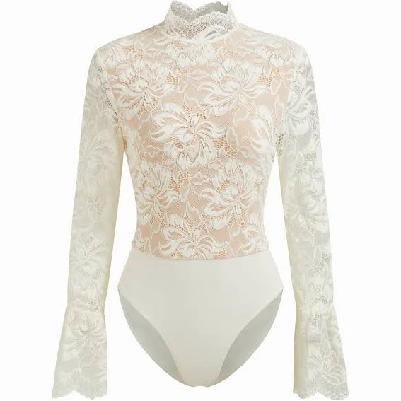 bodysuit Women's Lace Floral Stand Collar Ruffle Bodysuit Cider $32.9