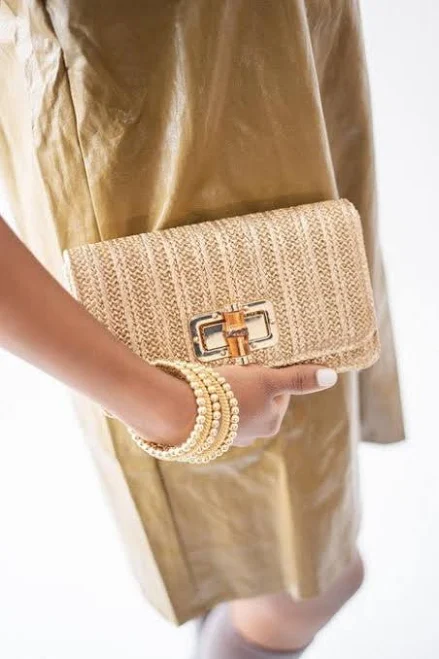 bag Women's Lilly Gold Woven Straw Clutch Bamboo Toggle Handbag Lisi Lerch $88