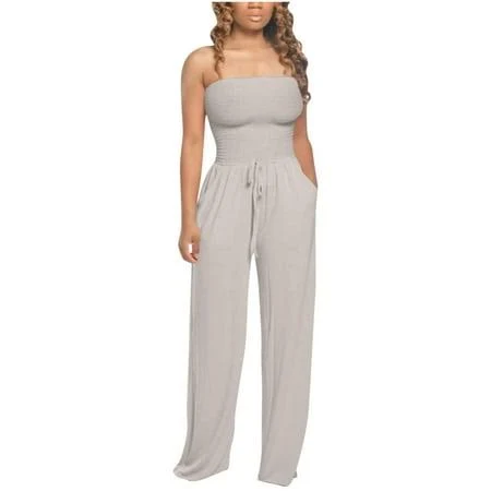 jumpsuit Women's Linen Bandeau Strapless Wide Leg Jumpsuit with Pockets Walmart - gienakse $26.82