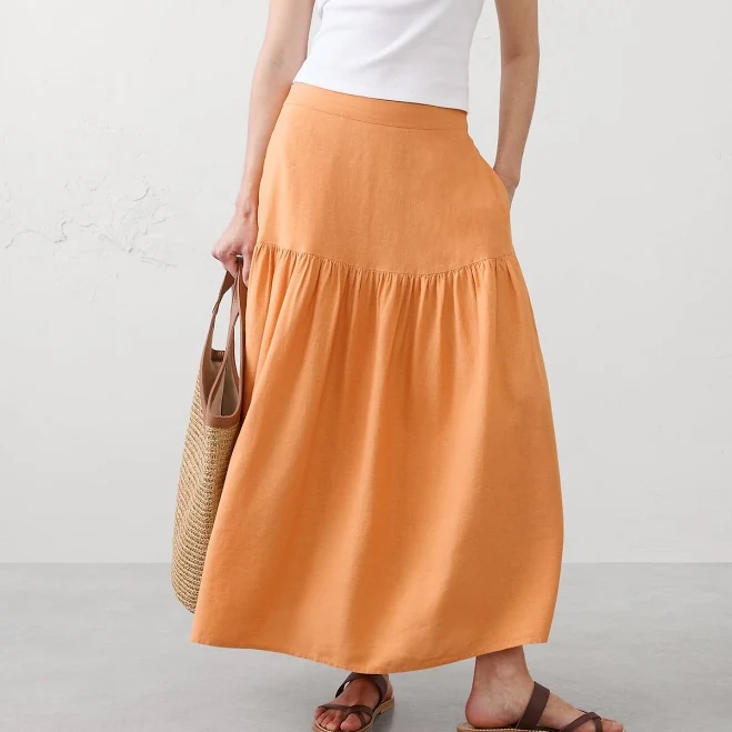 bottoms Women's Linen-Blend Tiered Midi Skirt Banana Republic Factory $60