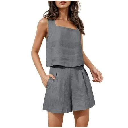 two piece set Women's Linen Sleeveless Crop Tank Tops and High Waist Shorts with Pockets Walmart - Htigea $17.4