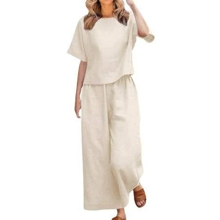 matching set Women's Linen Two Piece Set with Wide Leg Pants Walmart - HUTVD $32.79