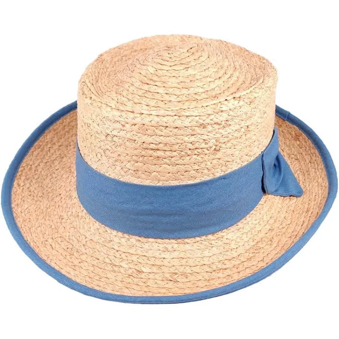 accessory Womens Natural Raffia High Crown Boater Straw Hat Woven Straw Blue Bow eBay - rat-pack $9.99
