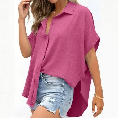 top Women's Oversized Button Down Lapel Short Sleeve Shirt Walmart - CINVREST Women Kids Clothes $13.99