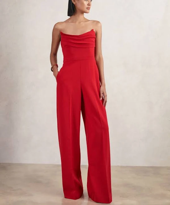 jumpsuit Womens Reiss Red Ayla Structured Strapless Wide-leg Jumpsuit Reiss $271