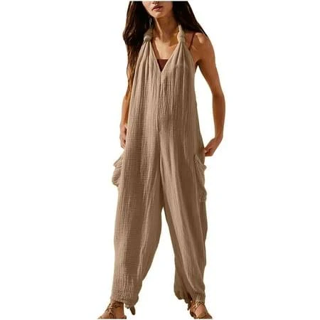 jumpsuit Women's Relaxed Fit Cotton Linen Wide Leg Jumpsuit Walmart - Zpanxa $18.18
