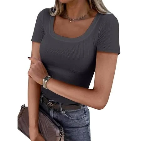 top Women's Ribbed Knit Slim Fitted Short Sleeve Top Walmart - ANRABESS FASHION $14.99