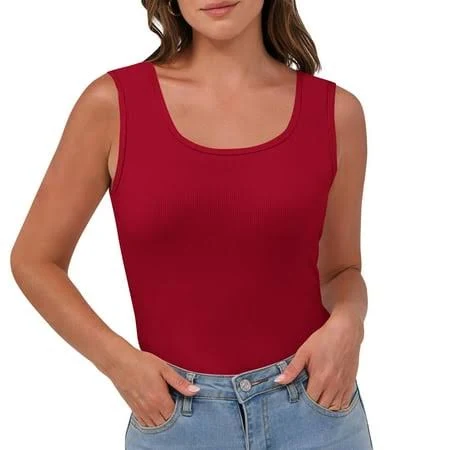 top Women's Ribbed Scoop Neck Sleeveless Fitted Tank Tops Walmart - Otntypg $6.49