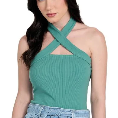 top Women's Ribbed Stretch-Knit Halter Top Guess Factory $39.95