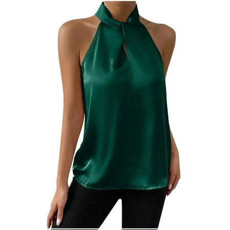 top Women's Satin Halter Neck Tank Top with Keyhole Back Walmart - UsZZYT $10.99