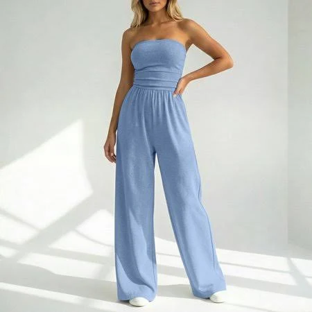 jumpsuit Women's Sexy Strapless Wide Leg Jumpsuit With Elastic Waistband, Stretchy Comfortable Loose Fit Plus Size Casual Outfit Sky Blue XL Walmart - KANG Fashion $32.77