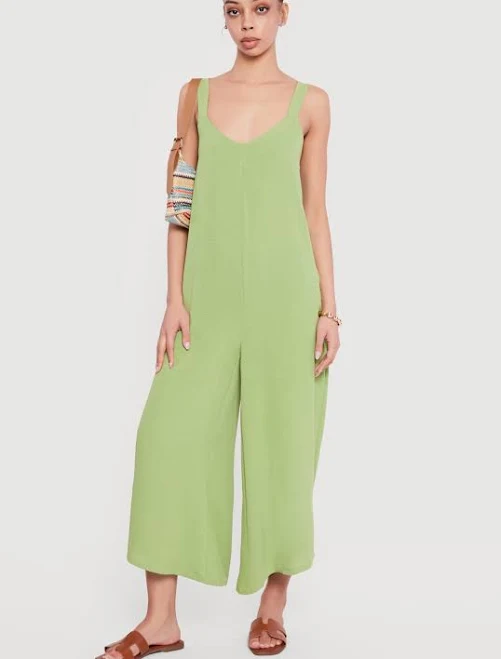 jumpsuit Women's Sleeveless V Neck Crepe Knit Wide Leg Jumpsuit Rainbow Shops $10.79