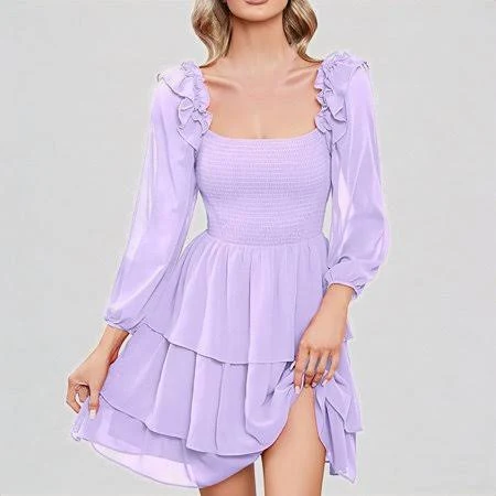 dress Women's Smocked Square Neck Ruffle Long Puff Sleeve Mini Dress Walmart - Newroad-Krdevn $25.99