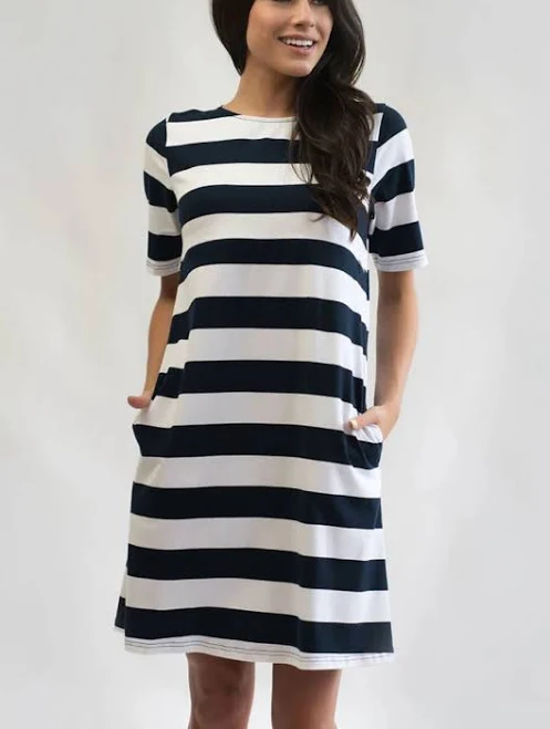 dress Women's Striped T-shirt Dress With Pockets, Short Sleeve, Navy/white- eBay $9