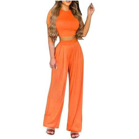 matching set Women's Trendy Casual Two Piece Set with Crop Top and Wide Leg Pants Walmart - Lovskoo Fashion Dressy clothes $17.59