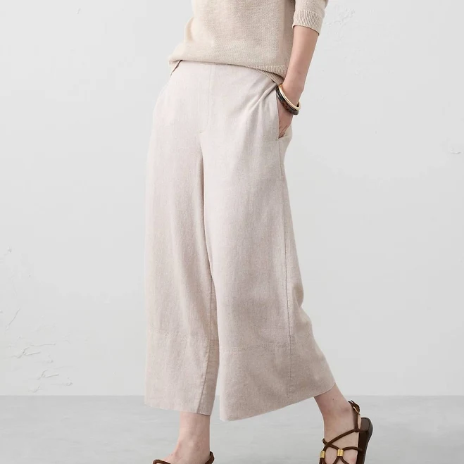 pants Women's Wide-Leg High-Rise Linen-Blend Cropped Pull-On Pant Banana Republic Factory $40