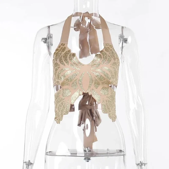 top Women's Y2k Butterfly Print Bandage Halter Crop Top AliExpress $9.56