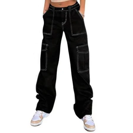 bottoms Women's Y2K High-Waisted Baggy Wide-Leg Cargo Pants Walmart - OVTICZA $23.96