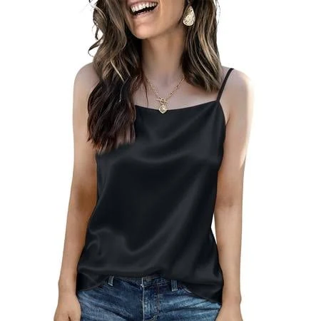 top Wulmleo Women's Satin Spaghetti Strap Cami Top Soft Silky Casual Tank Top for Summer Layering Night Out Walmart - WULMLEO $8.99