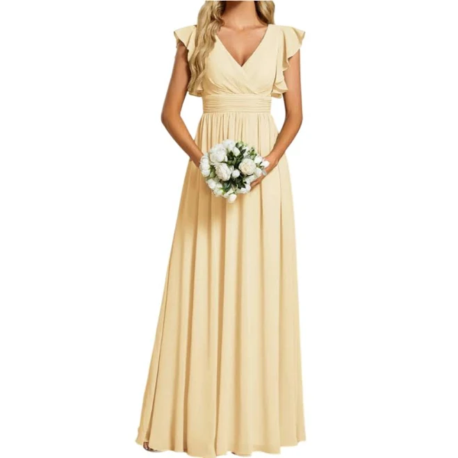 dress Yellow Flutter Sleeve Vneck Empire Waist Chiffon Maxi by Ever Pretty Size 2 (yellow, 2) ReWed Bridal $250