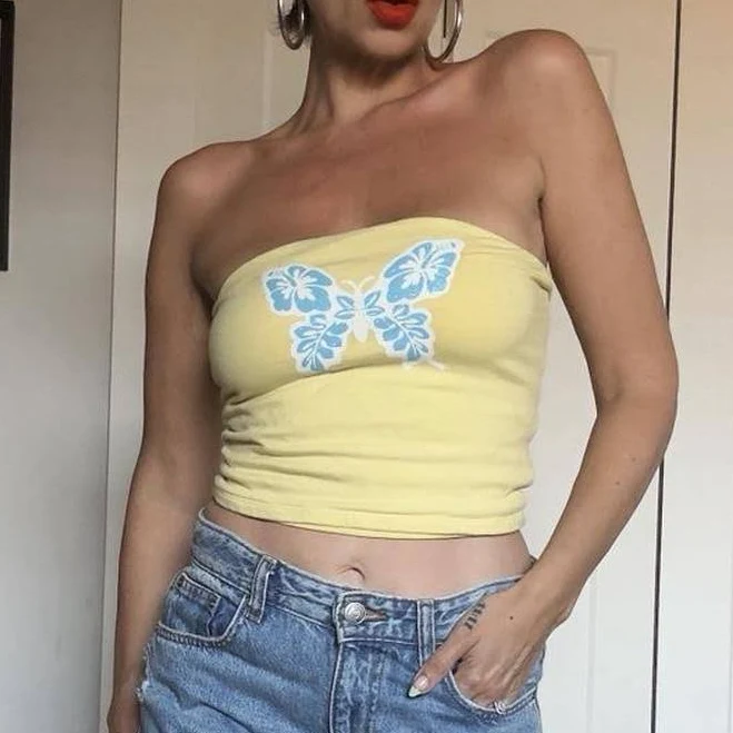 top Yellow Tube Top with Blue Butterfly Design - Soft Cotton Crop Top - Small Depop $16