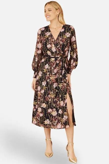 dress Yumi Women's Foiled Floral Print Wrap Midi Dress Nordstrom $114.1