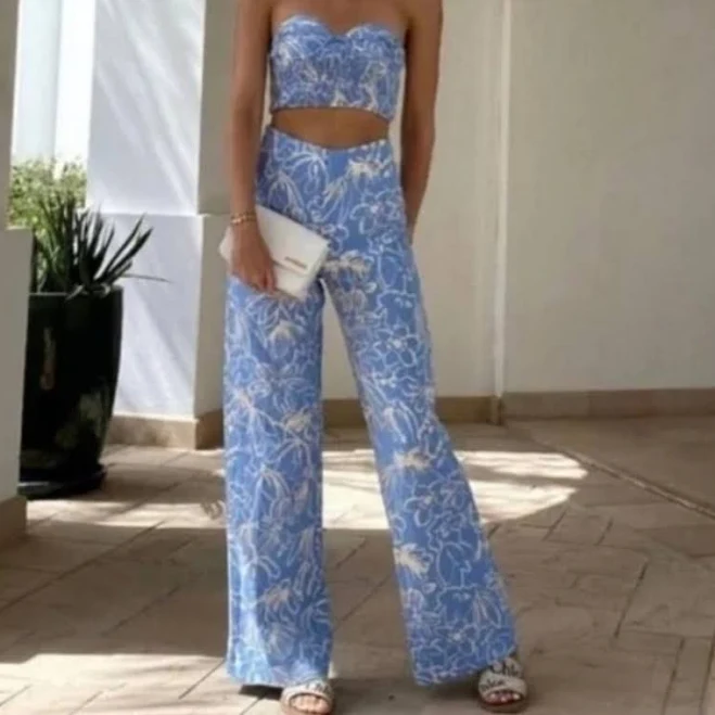pants Zara Pants & Jumpsuits | New Zara Full Length Floral Linen Blend High Waisted Blue/White Pants Nwt Small | Color: Blue/White | Size: S | Nsmendez's Poshmark $60