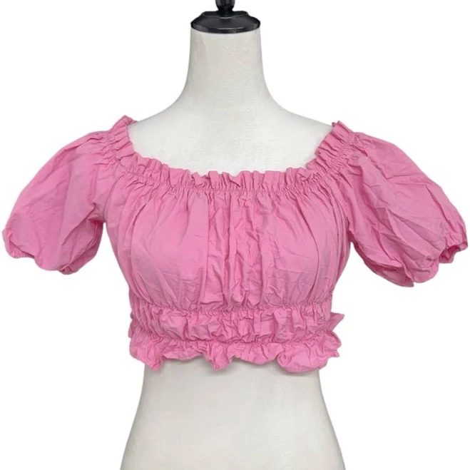 top Zara Tops | Zara Pink Smocked Puff Sleeve Crop Top Off Shoulder Cotton Small | Color: Pink | Size: S | Elvaken628's Closet Poshmark $19