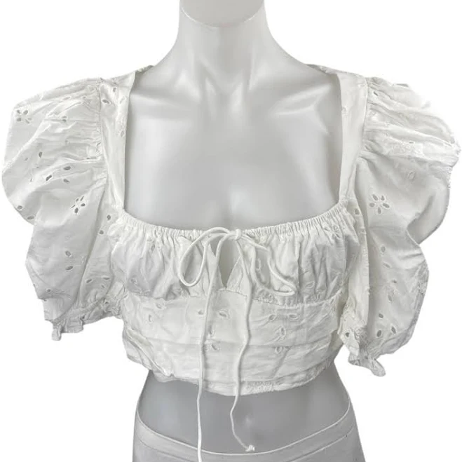 top Zara Women's White Eyelet Embroidered Short Puff Sleeve Crop Blouse eBay - brie-co $28.04
