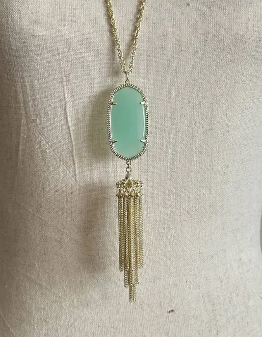 Kendra Scott Long Pendant Necklace Gold Chain Light Green Stone &