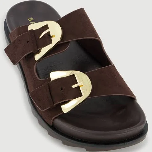 Womens Faux Suede Double Metallic Buckle Slide Sandals, Brown Suede, Size 11 - Rainbow Shops