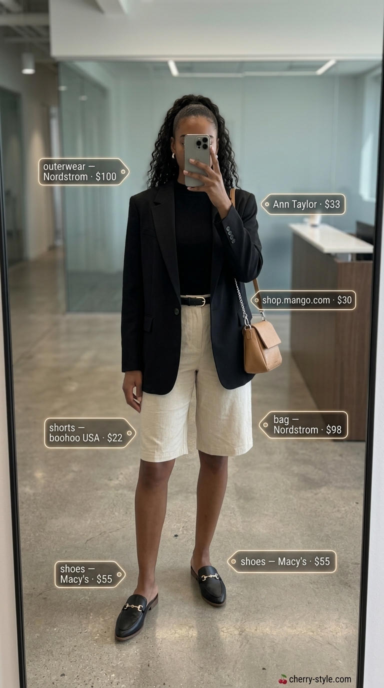Smart summer work outfits for women 2026: Beige Bermuda shorts, black blazer, mock neck top.